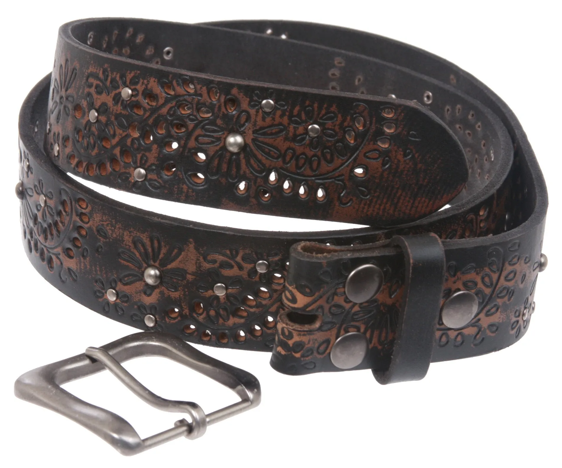 1 1/2" Snap On Embossed Vintage Cowhide Full Grain Leather Floral Rivet Perforated Casual Belt