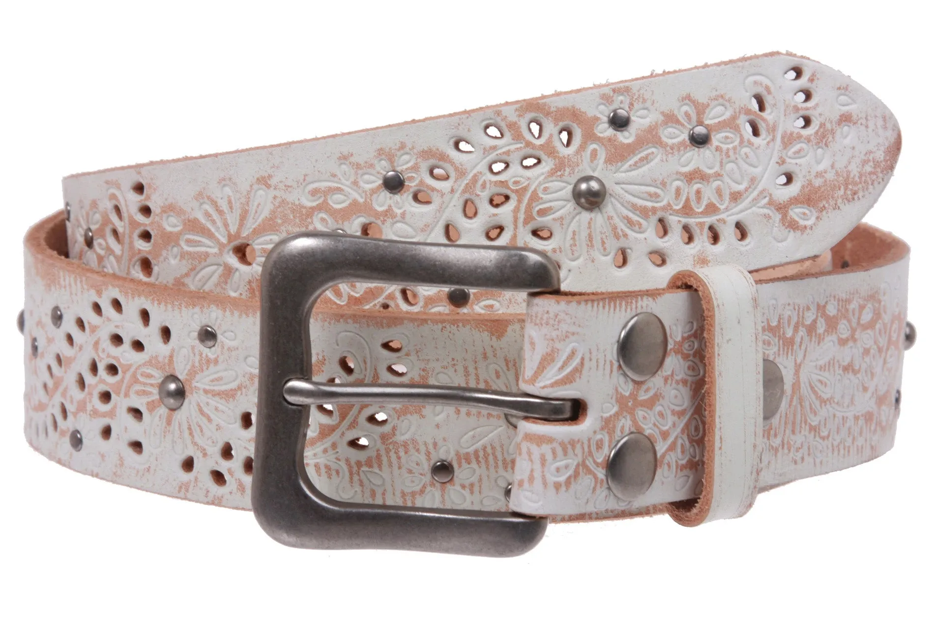 1 1/2" Snap On Embossed Vintage Cowhide Full Grain Leather Floral Rivet Perforated Casual Belt