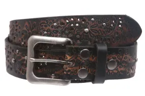 1 1/2" Snap On Embossed Vintage Cowhide Full Grain Leather Floral Rivet Perforated Casual Belt