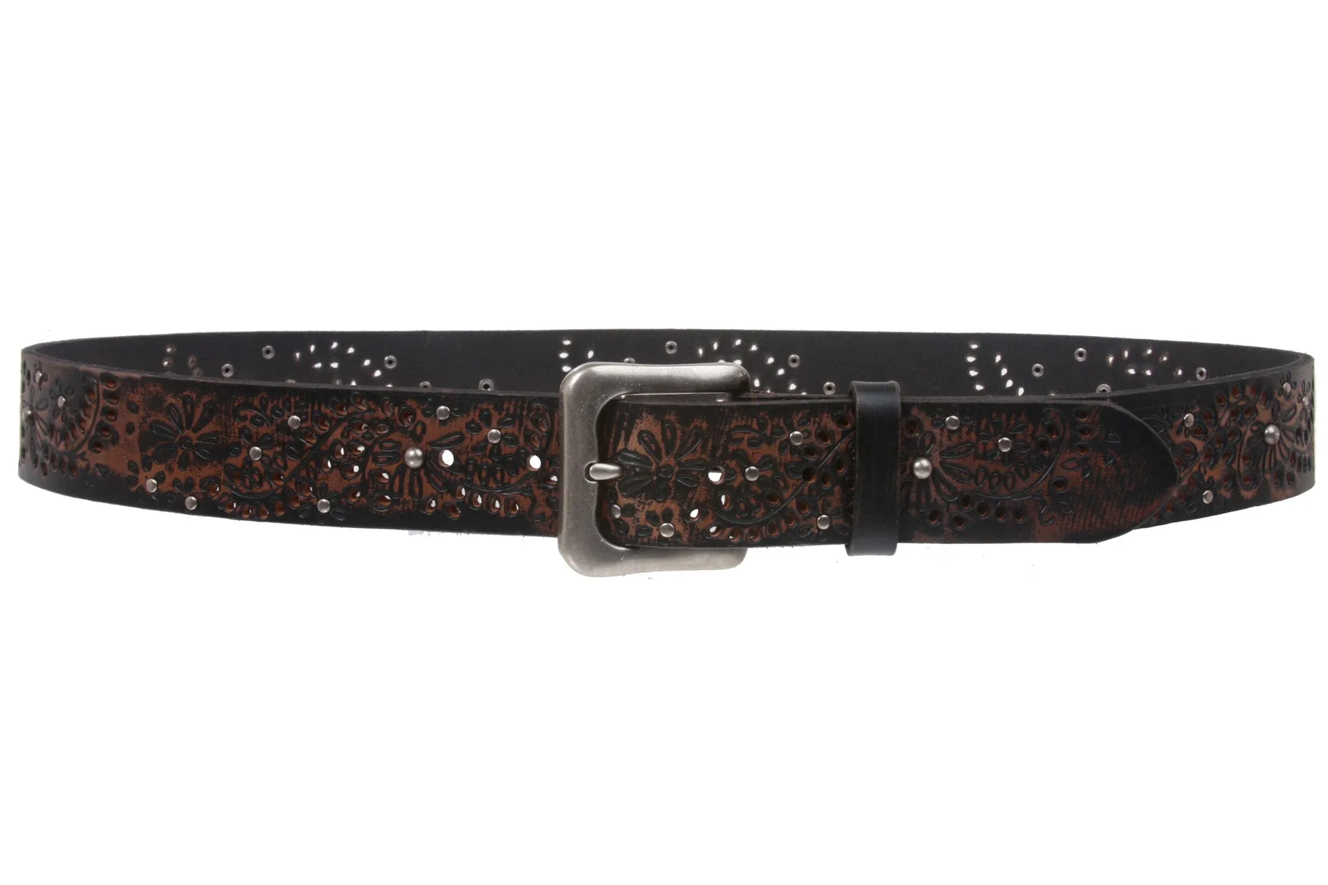 1 1/2" Snap On Embossed Vintage Cowhide Full Grain Leather Floral Rivet Perforated Casual Belt