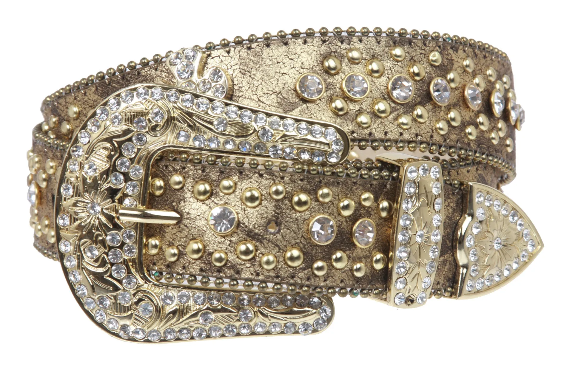 1 1/2" Snap On Western Rhinestone Cross Studded Alligator Leather Belt