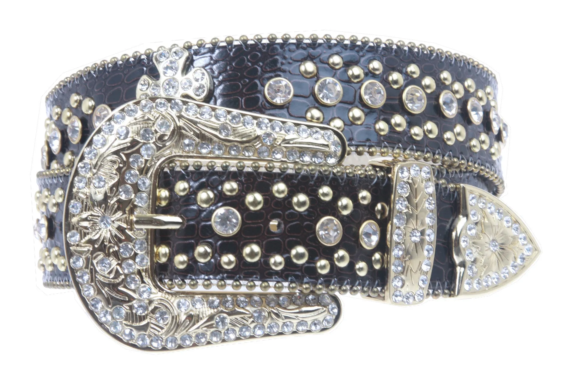 1 1/2" Snap On Western Rhinestone Cross Studded Alligator Leather Belt