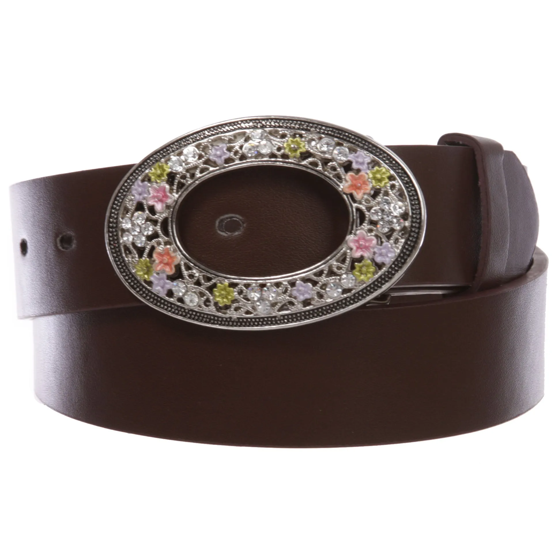 1 1/2" Women's Snap On Oval Rhinestone Western Engraving Hollow Out Perforated Floral Flower Buckle  Leather Belt