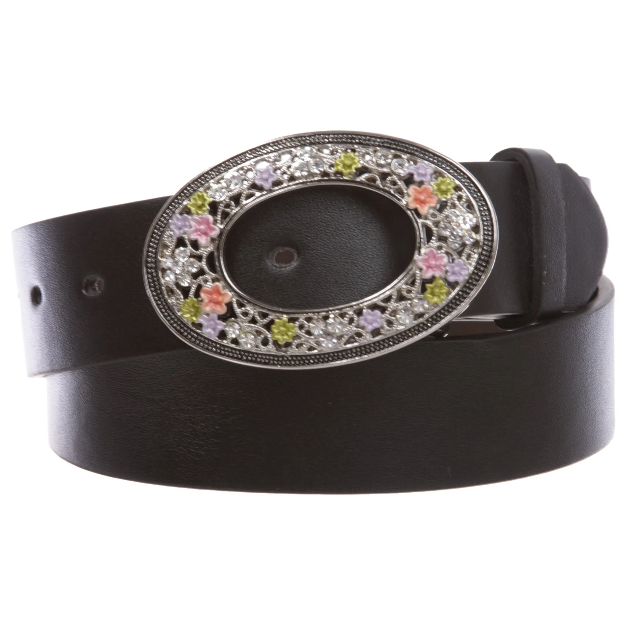 1 1/2" Women's Snap On Oval Rhinestone Western Engraving Hollow Out Perforated Floral Flower Buckle  Leather Belt