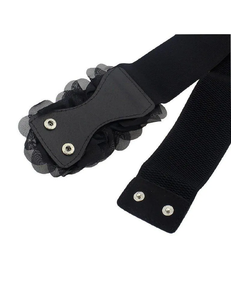 Black Chiffon Flower Elastic Wide Belt