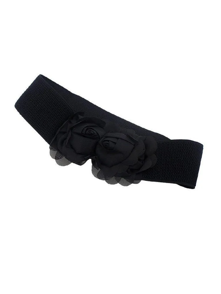 Black Chiffon Flower Elastic Wide Belt