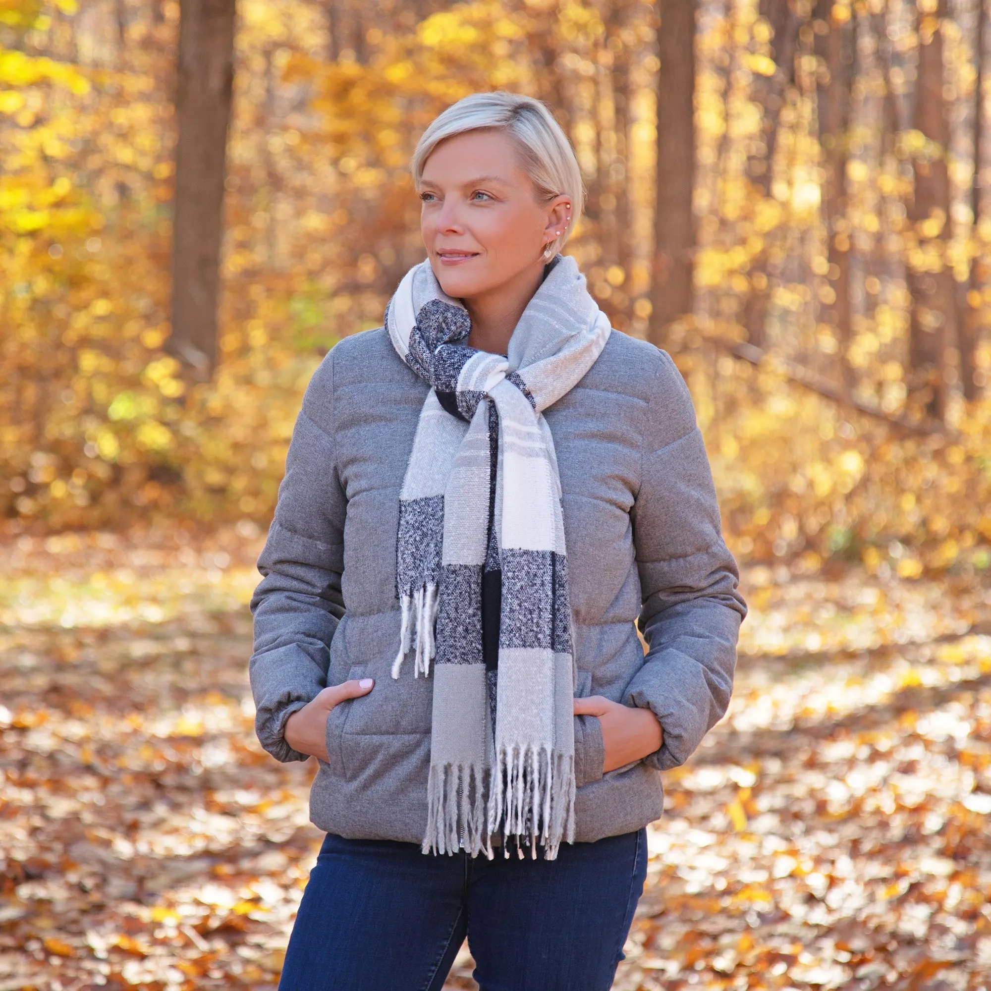 Fluffy Plaid Tassel Trim Scarf