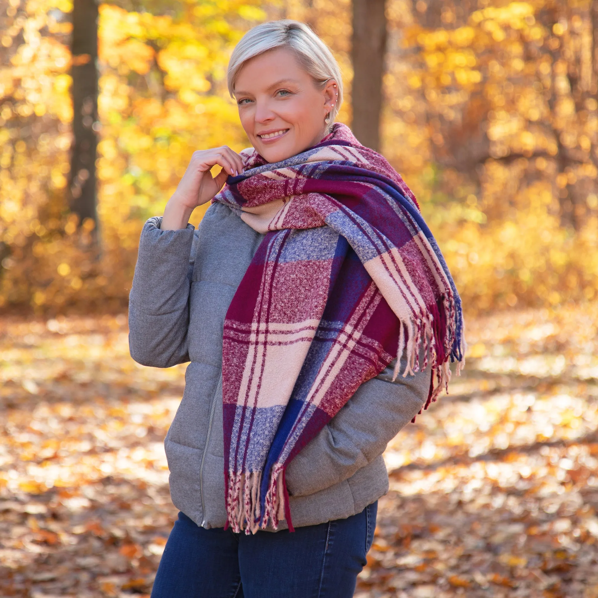 Fluffy Plaid Tassel Trim Scarf