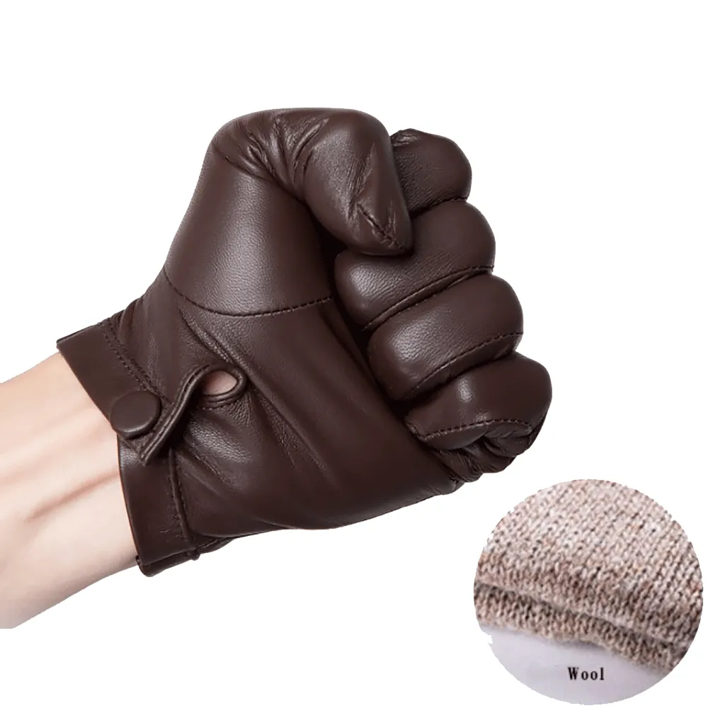 Highshine Men's  Wrist Button Short Leather Gloves Touch Screen Winter Warm Cashmere Lined