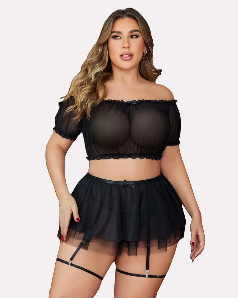 Plus Size Garter Mesh Lingerie Set