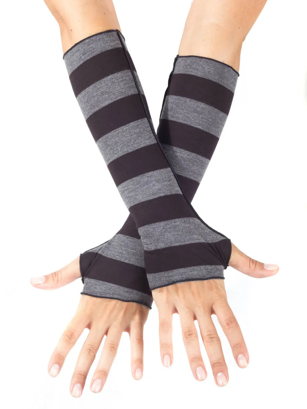 Striped Black Grey Fingerless Gloves