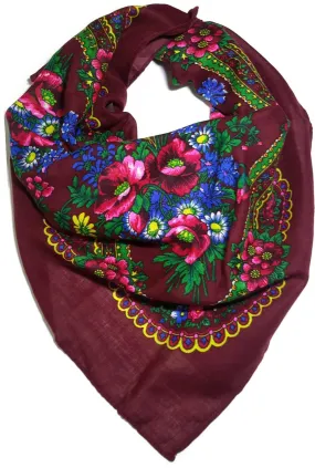 Traditional Polish Ukrainian Folk Cotton Head Scarf - Burgundy