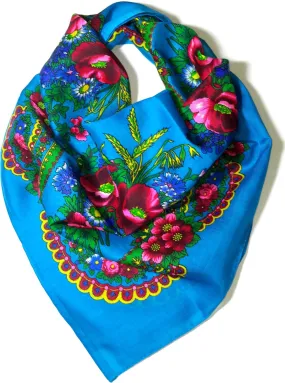 Traditional Polish Ukrainian Folk Cotton Head Scarf - Teal Blue