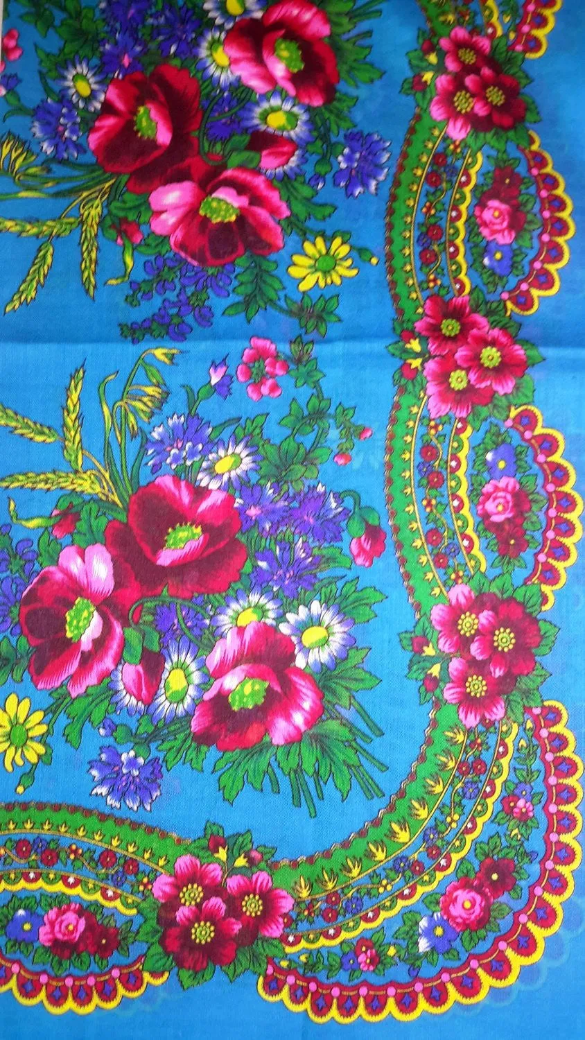 Traditional Polish Ukrainian Folk Cotton Head Scarf - Teal Blue