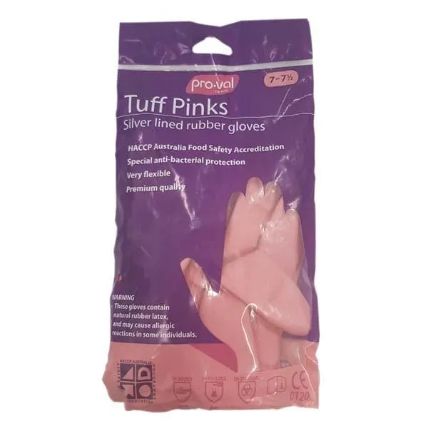 Tuff Pink Silver Lined Rubber Gloves No 7 - 9