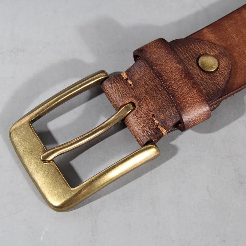 Vintage Luxury Handmade Leather Copper Buckle Man's Belt Cinturon