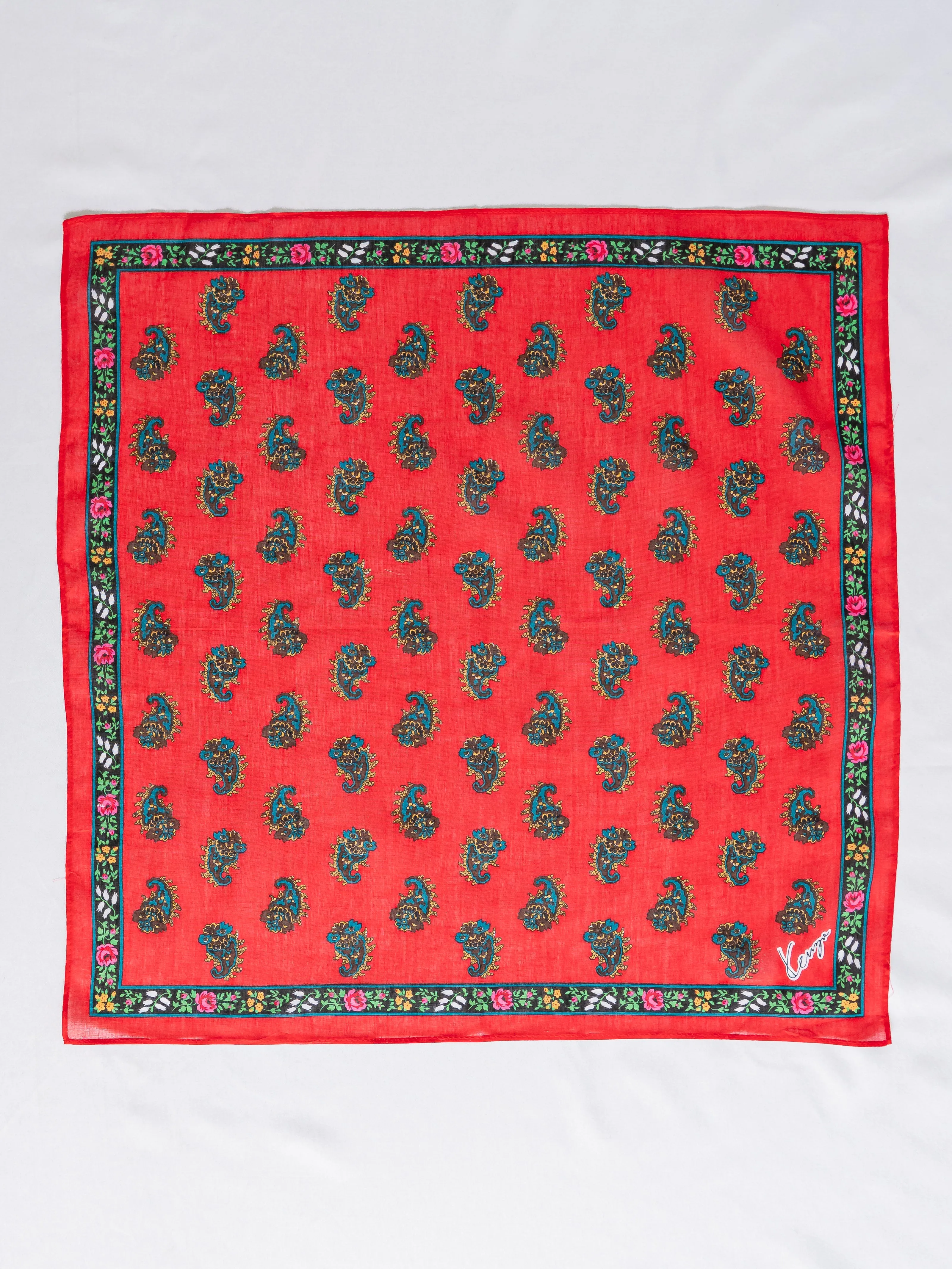 Vintage Paisley Print Floral Border Red Cotton Scarf