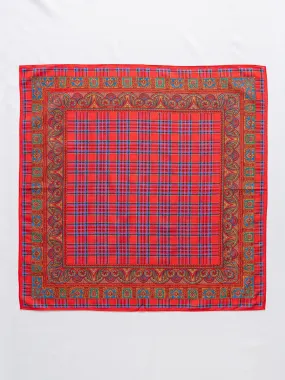 Vintage Red Check Double Paisley Border Cotton Handkerchief