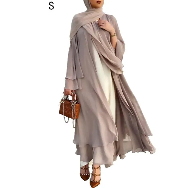 Women Muslim Long Sleeve Flowy Maxi Cardigan Islamic Open Front Kimono Abaya Robe Turkey Kaftan Solid Color Belted Loose Up