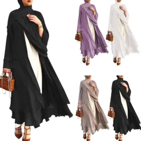 Women Muslim Long Sleeve Flowy Maxi Cardigan Islamic Open Front Kimono Abaya Robe Turkey Kaftan Solid Color Belted Loose Up