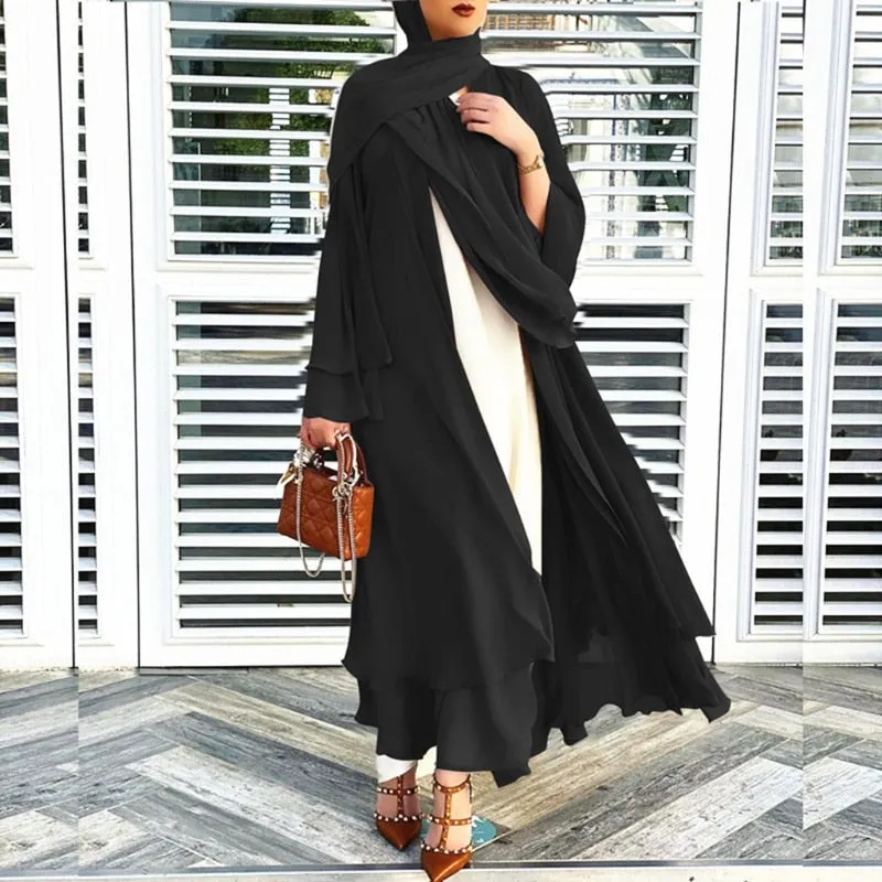 Women Muslim Long Sleeve Flowy Maxi Cardigan Islamic Open Front Kimono Abaya Robe Turkey Kaftan Solid Color Belted Loose Up