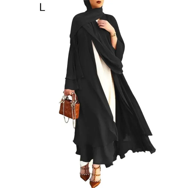 Women Muslim Long Sleeve Flowy Maxi Cardigan Islamic Open Front Kimono Abaya Robe Turkey Kaftan Solid Color Belted Loose Up