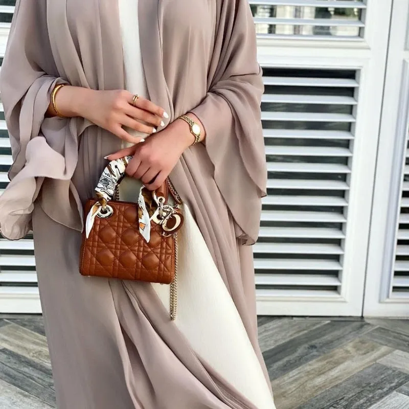 Women Muslim Long Sleeve Flowy Maxi Cardigan Islamic Open Front Kimono Abaya Robe Turkey Kaftan Solid Color Belted Loose Up