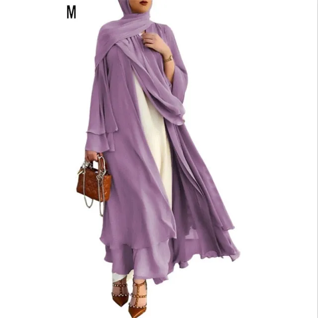 Women Muslim Long Sleeve Flowy Maxi Cardigan Islamic Open Front Kimono Abaya Robe Turkey Kaftan Solid Color Belted Loose Up