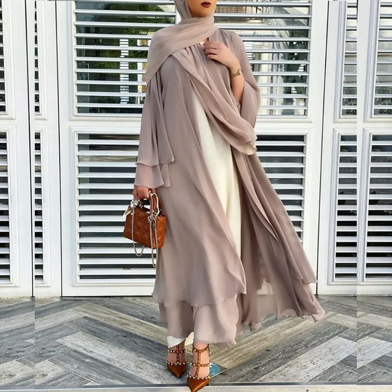 Women Muslim Long Sleeve Flowy Maxi Cardigan Islamic Open Front Kimono Abaya Robe Turkey Kaftan Solid Color Belted Loose Up