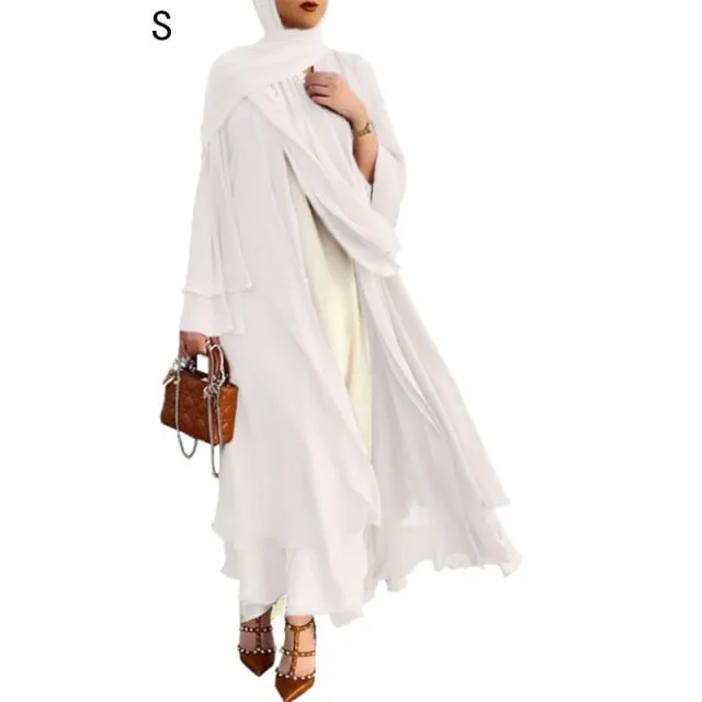 Women Muslim Long Sleeve Flowy Maxi Cardigan Islamic Open Front Kimono Abaya Robe Turkey Kaftan Solid Color Belted Loose Up