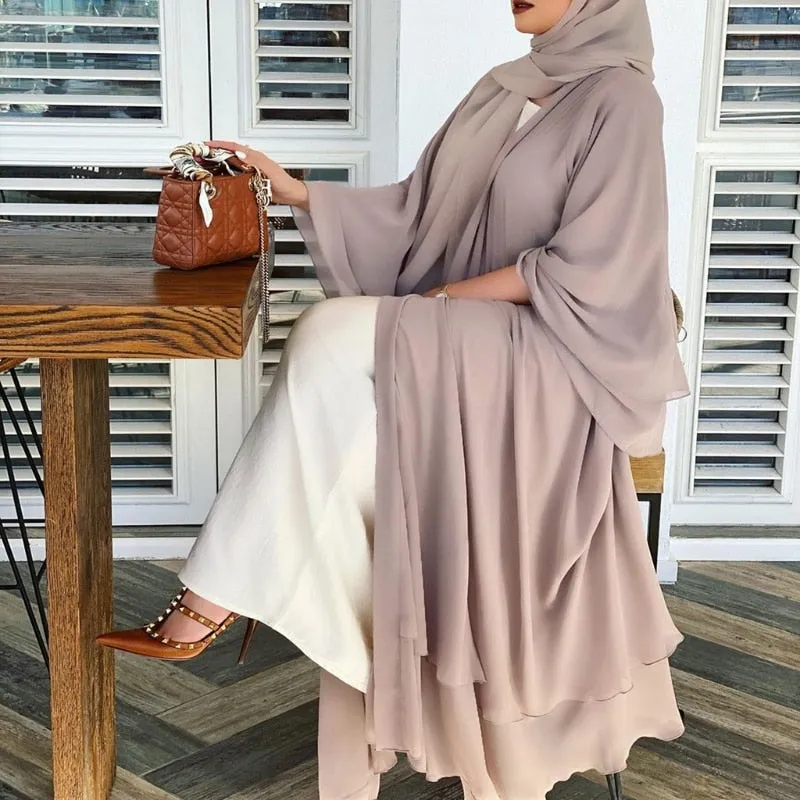 Women Muslim Long Sleeve Flowy Maxi Cardigan Islamic Open Front Kimono Abaya Robe Turkey Kaftan Solid Color Belted Loose Up