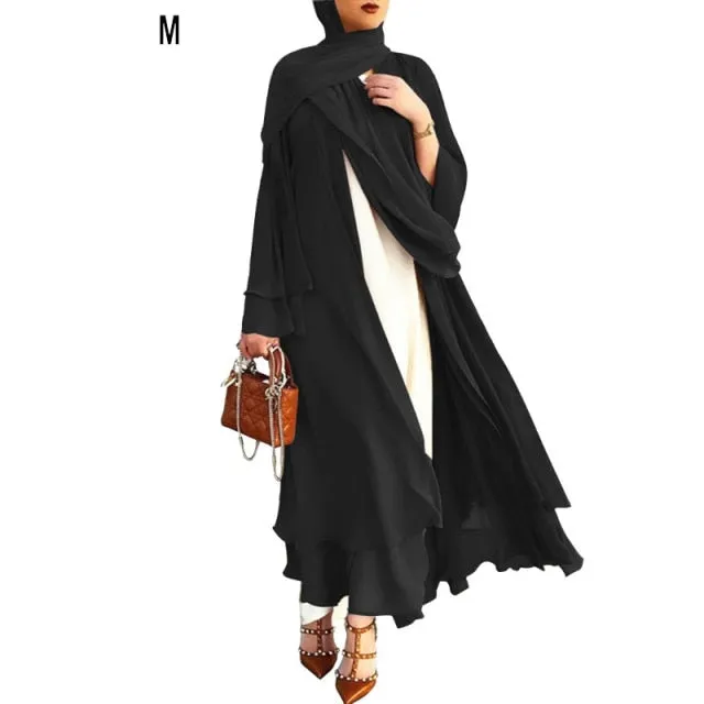 Women Muslim Long Sleeve Flowy Maxi Cardigan Islamic Open Front Kimono Abaya Robe Turkey Kaftan Solid Color Belted Loose Up