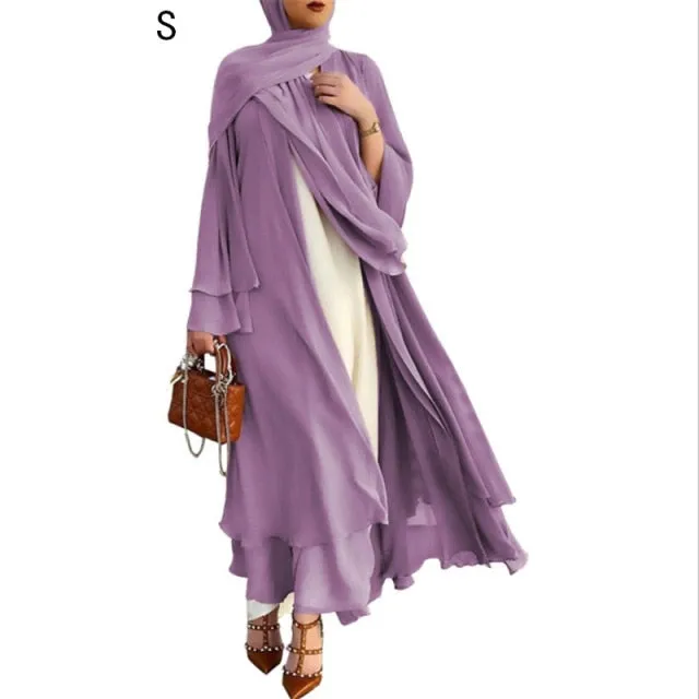 Women Muslim Long Sleeve Flowy Maxi Cardigan Islamic Open Front Kimono Abaya Robe Turkey Kaftan Solid Color Belted Loose Up