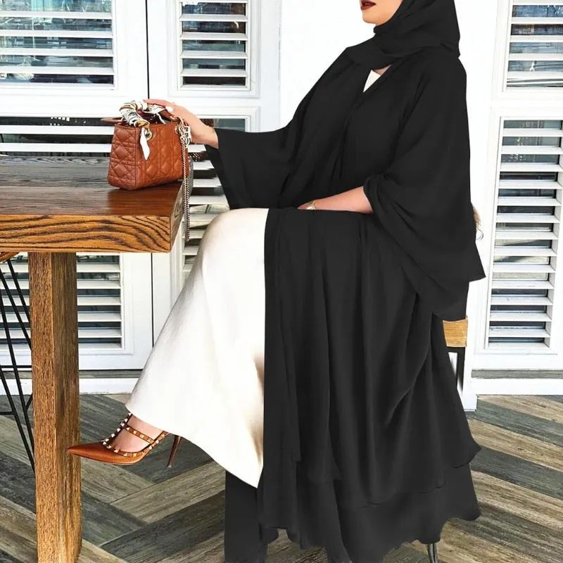 Women Muslim Long Sleeve Flowy Maxi Cardigan Islamic Open Front Kimono Abaya Robe Turkey Kaftan Solid Color Belted Loose Up